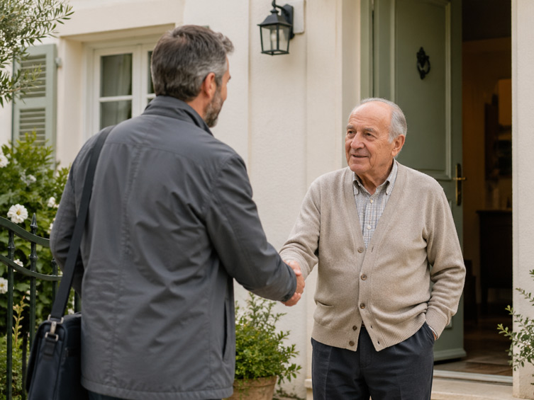Famille rassurée par un accompagnement numérique pour senior